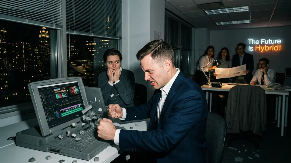 Campaign still: a man in a suit hammers a keyboard at an edit suite, keys flying, while a colleague bites her nails