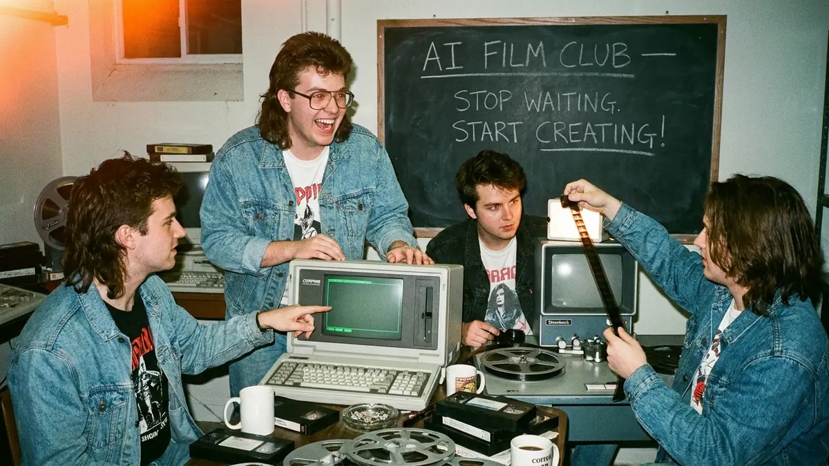 Campaign still: film nerds with film reels and an old computer in front of a chalkboard that reads AI Film Club, Stop waiting, start creating