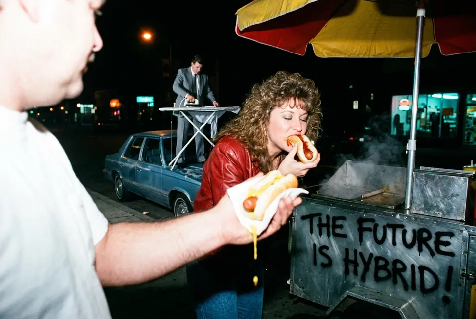 A woman bites into a hot dog at a night stand sprayed with The future is hybrid, while a man irons a shirt on a car roof behind her