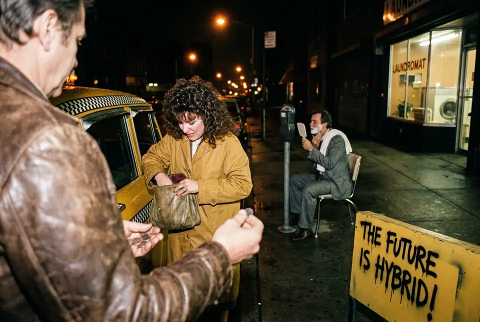 At a night taxi rank a woman digs through her bag while a man shaves on a sidewalk chair next to a sign reading The future is hybrid