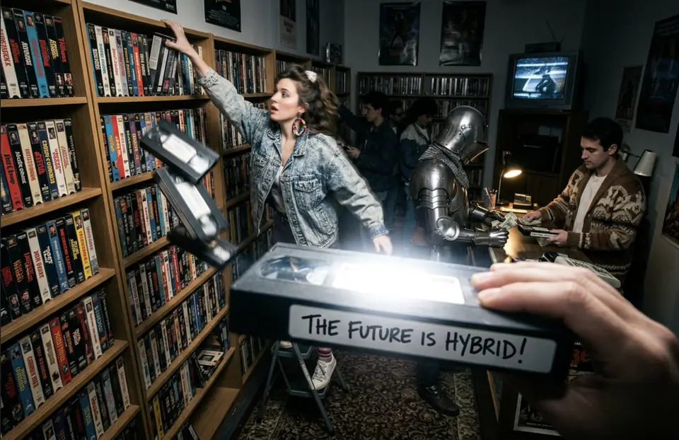 In a video store a VHS tape labelled The future is hybrid glows in the foreground while a knight in armour waits at the counter
