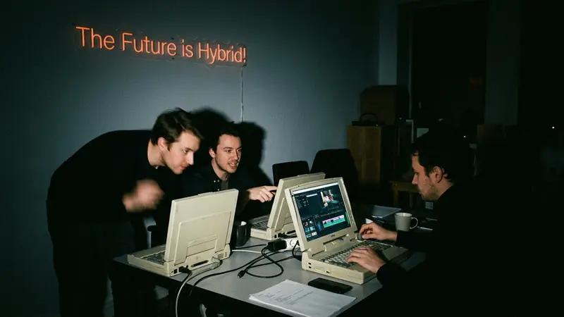 Campaign still: three people lean over vintage computers under an orange neon sign that reads The Future is Hybrid