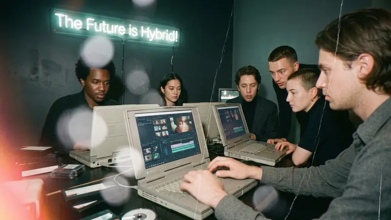 Campaign still: a crew crowds around one vintage laptop under a neon sign that reads The Future is Hybrid