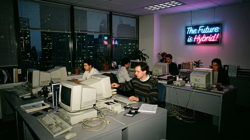 Campaign still: a night office full of workstations under a neon sign that reads The Future is Hybrid