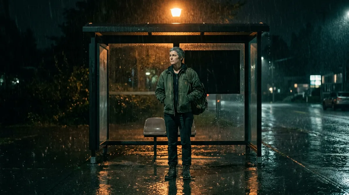 A woman with cropped grey hair in a green jacket stands alone under a lit bus shelter at night in heavy rain, the wet street reflecting the light.