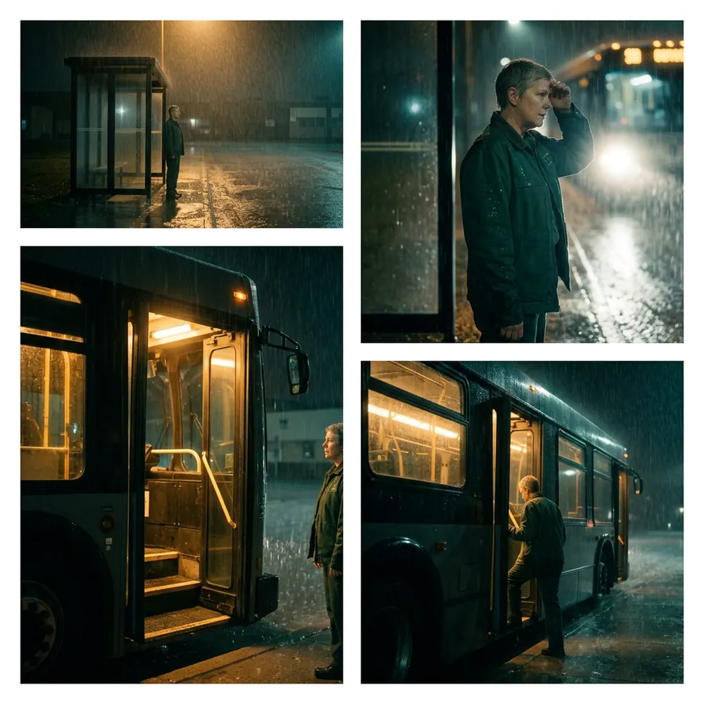 Four stills in a grid: a woman waits at a bus shelter in the rain, headlights approach behind her, the bus doors open in front of her, and she steps onto the bus.