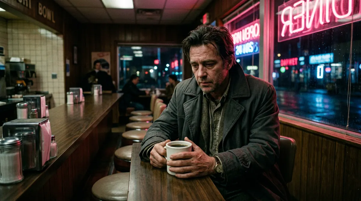 A tired man in a coat sits at a diner counter at night with both hands around a white coffee cup, pink neon glowing in the window.