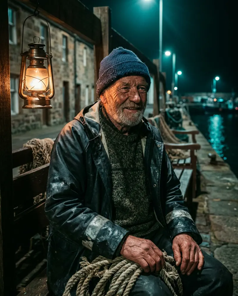 Generic result: a glossy, high-contrast portrait of an old fisherman at night with a lantern, lit in teal and orange.
