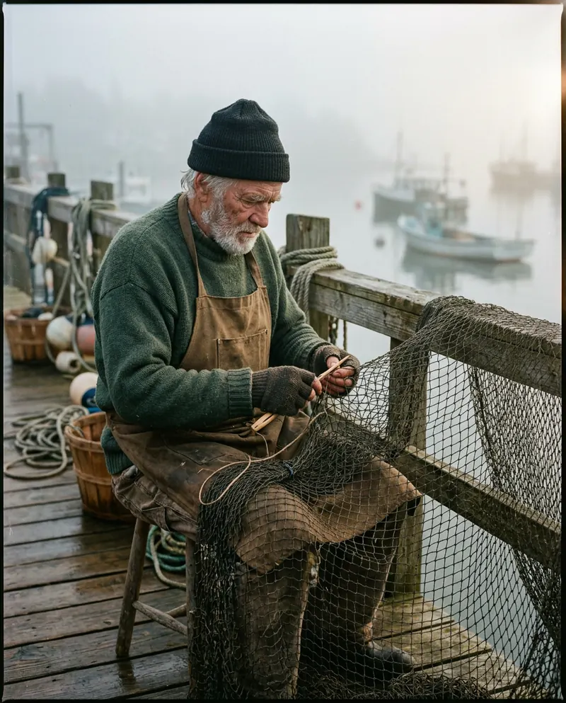 Specific result: an old fisherman mending a net on a wooden dock in soft morning fog, muted colour and fine grain.