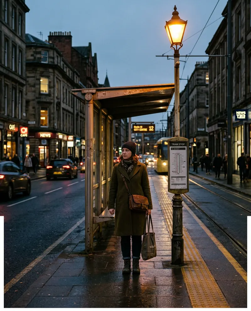 35mm film still: a woman walks past a tram stop on a city street at dusk under a streetlight.