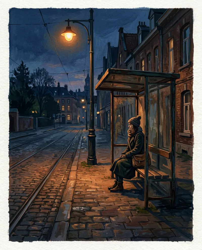 Gouache painting: a woman sits alone in a tram shelter on a cobbled street at dusk under one streetlight.