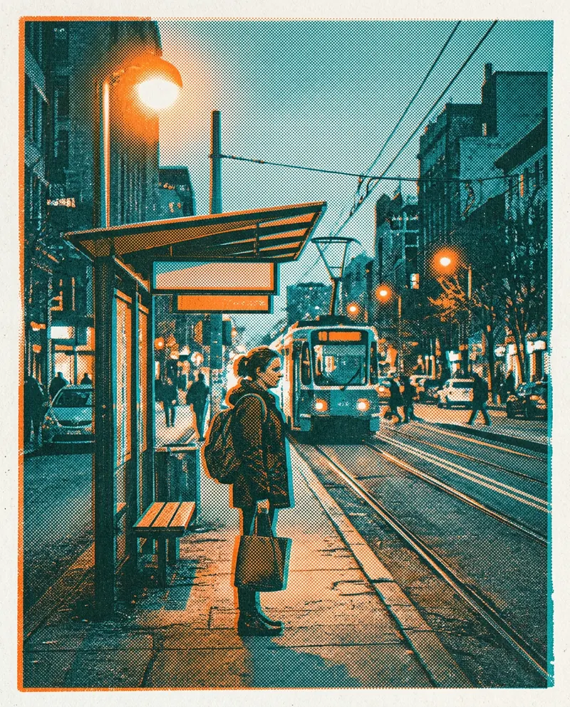 Risograph print in two colours: a woman stands at a tram stop as a tram approaches, with halftone texture.