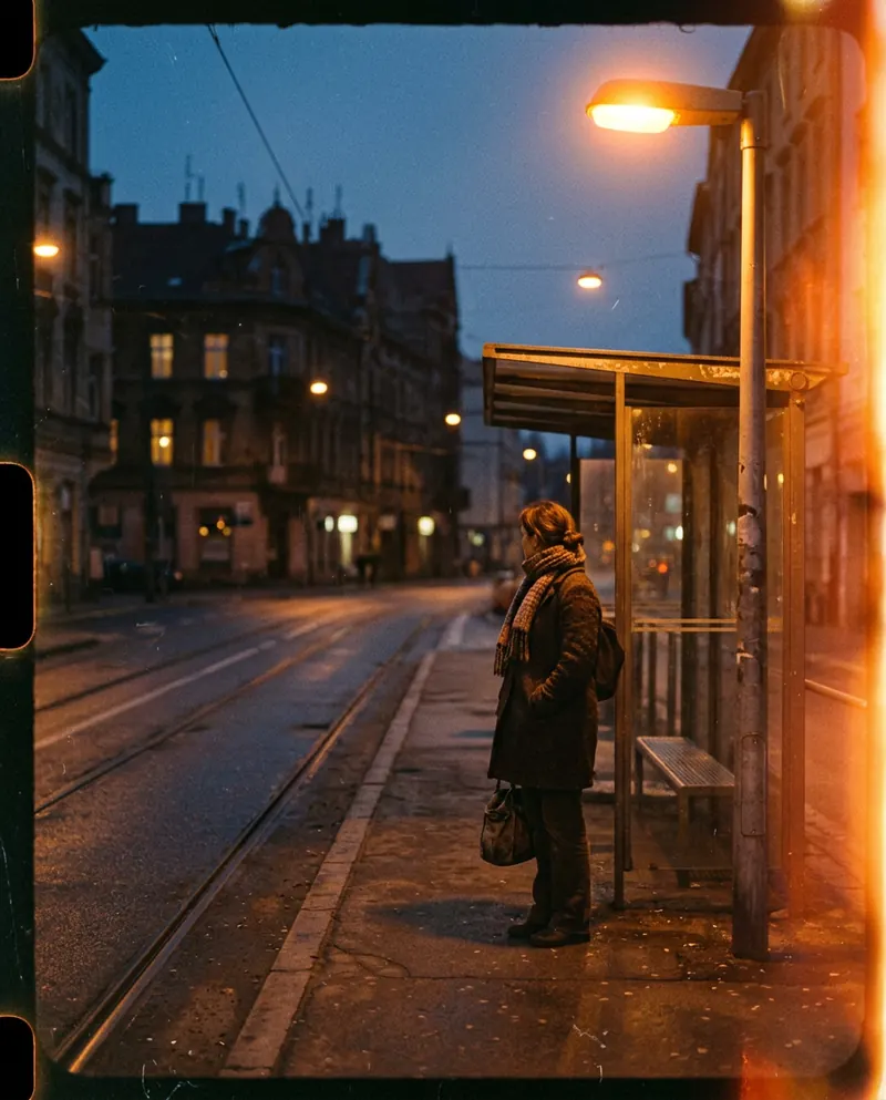 Super 8 frame: a woman waits at a tram stop at dusk, with a warm light leak at the edge of the frame and heavy grain.