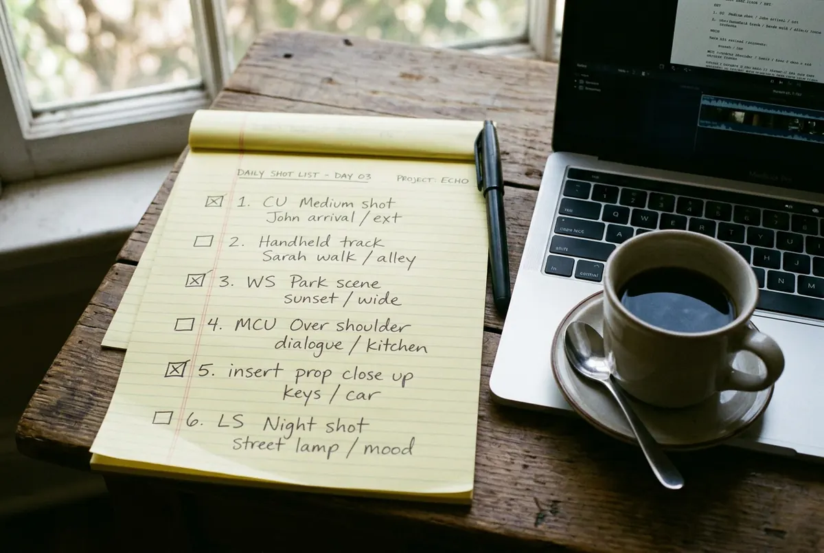 A handwritten shot list on a yellow legal pad with six numbered lines and small tick boxes, next to a laptop and a cup of coffee.