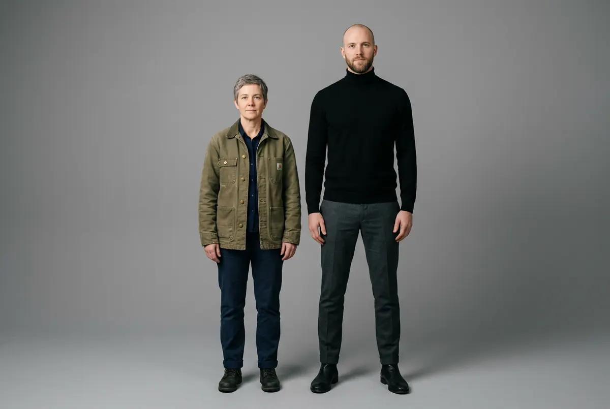 A woman with cropped grey hair in a green work jacket and a tall bald man in a black turtleneck stand side by side against a plain grey studio background.