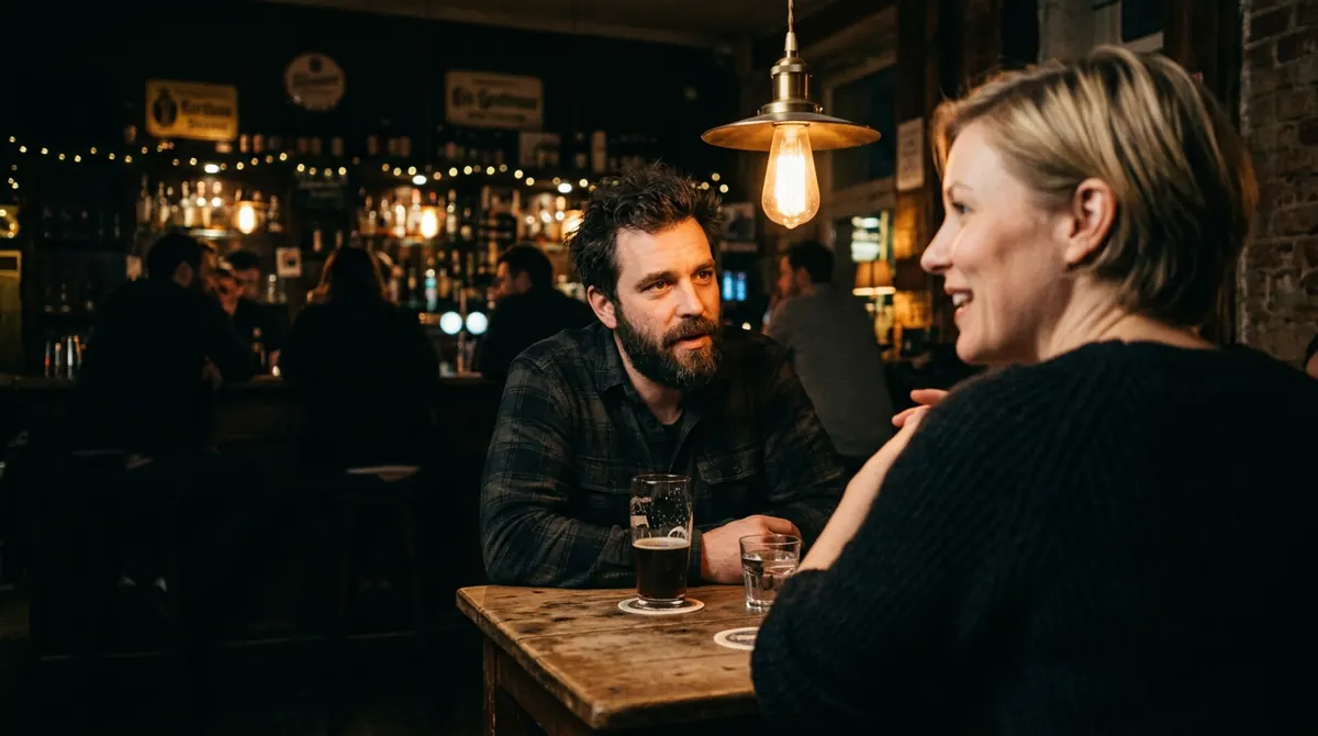 Two people talk across a small table in a dim bar under one warm pendant lamp.